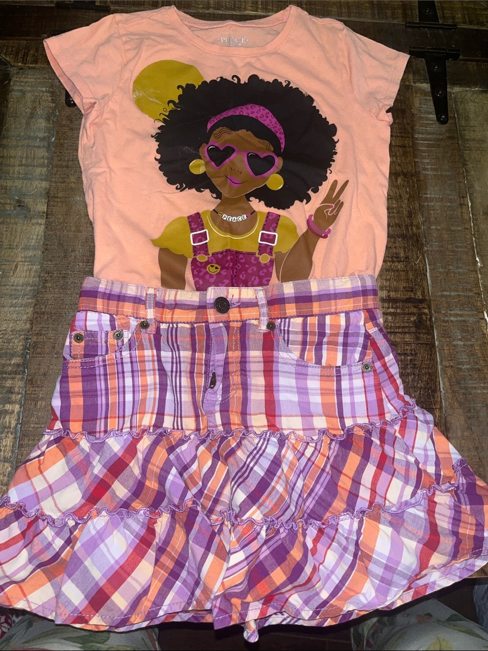 Place Peach Graphic Tee with Purple & Orange Plaid Ruffle Skirt